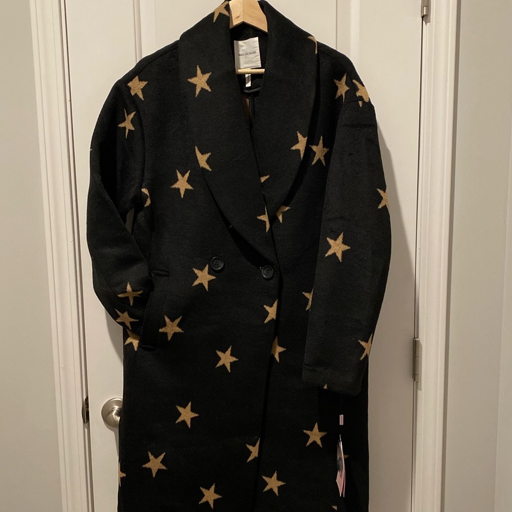 Black Pea Coat/Trench with Camel colored Stars